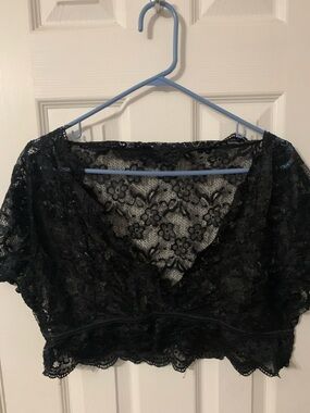 Black Lace Crop Top - Sheer Floral V-Neck